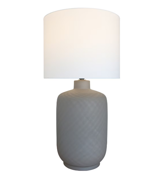 BEIGE CERAMIC LAMP W/ WHITE COTTON SHADE