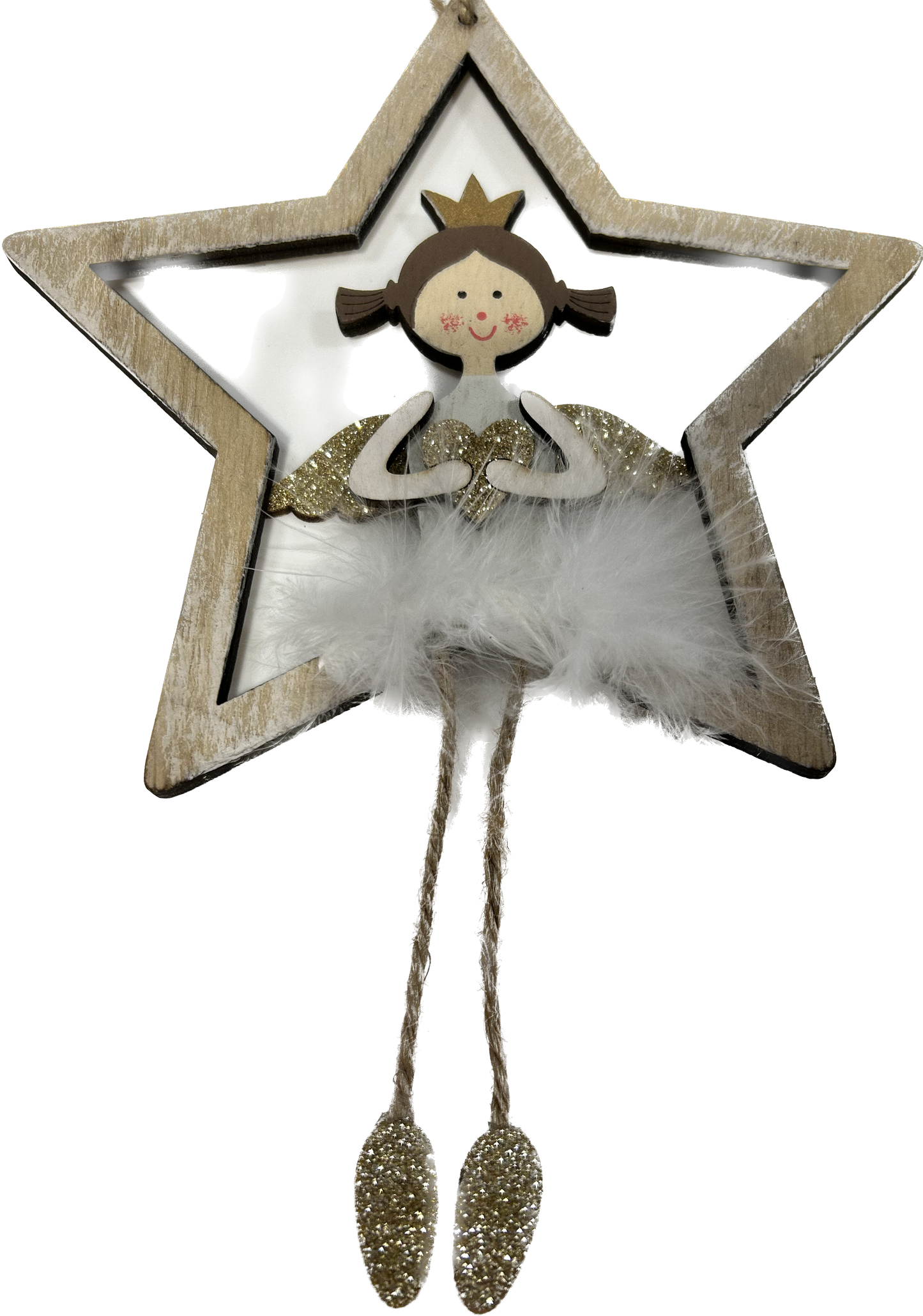 Fluffy skirt angel in star and moon hanging decoration natural and white