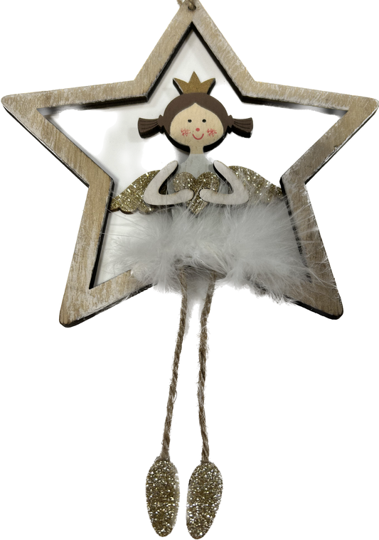 Fluffy skirt angel in star and moon hanging decoration natural and white